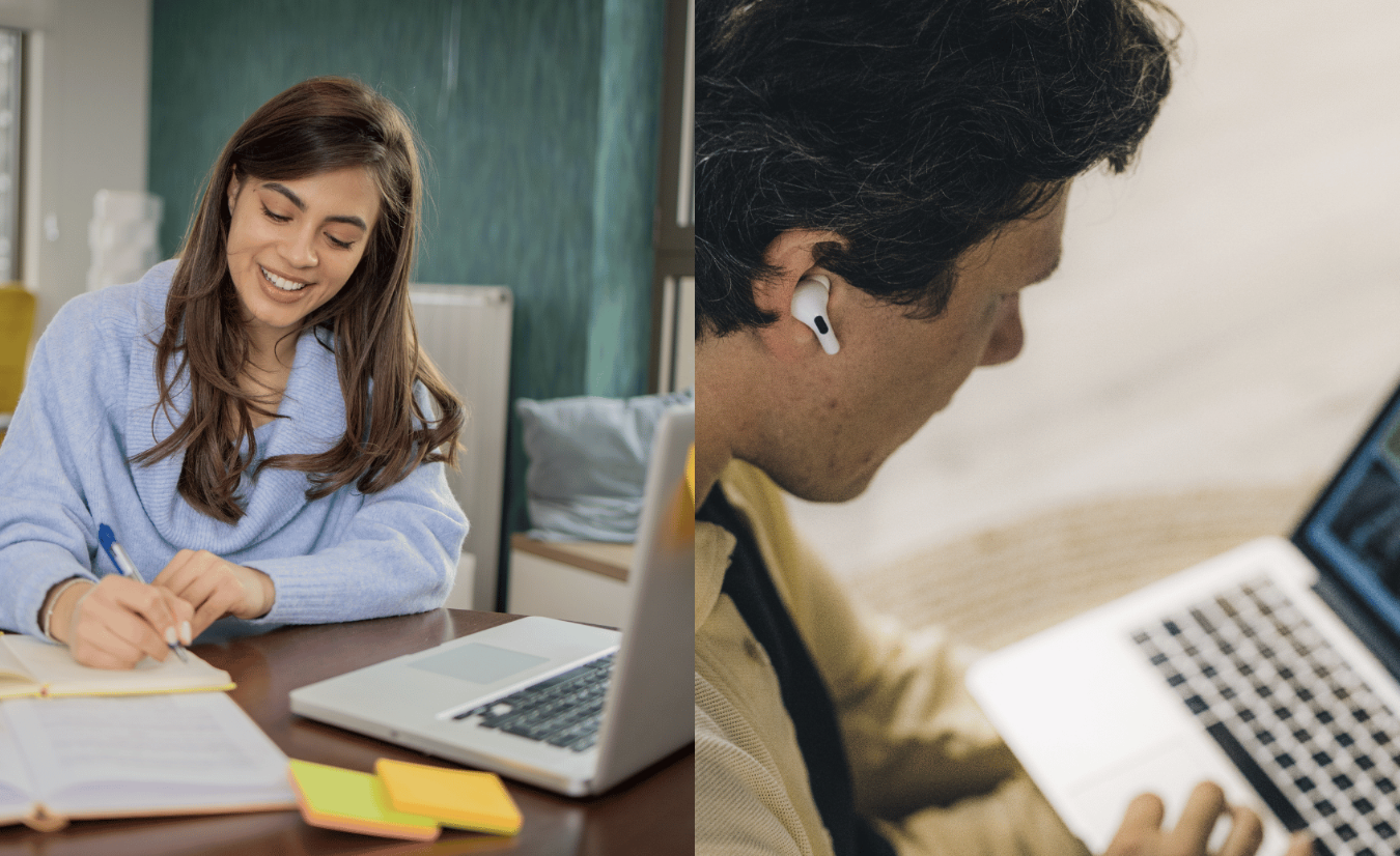 Adult learners studying Danish on laptop and notebook